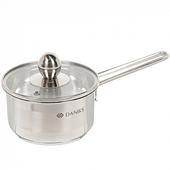 Ковш нерж 0,8л со стекл крышкой мет/ручка матов Daniks GS-01311-12SP (342476)